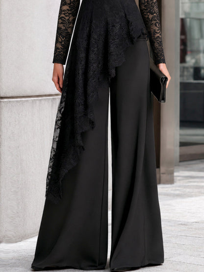 Lace Overlay Asymmetric Wide-Leg Jumpsuit