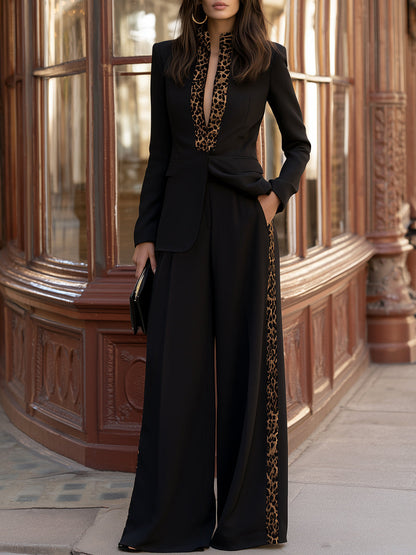 Leopard Trim Tailored Blazer And Wide Leg Pants Set