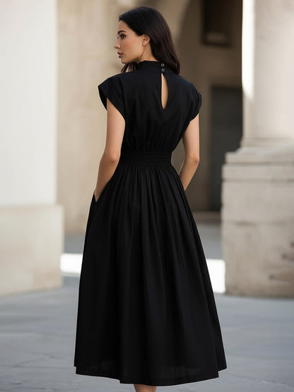 High Neck Smocked Waist Midi Dress