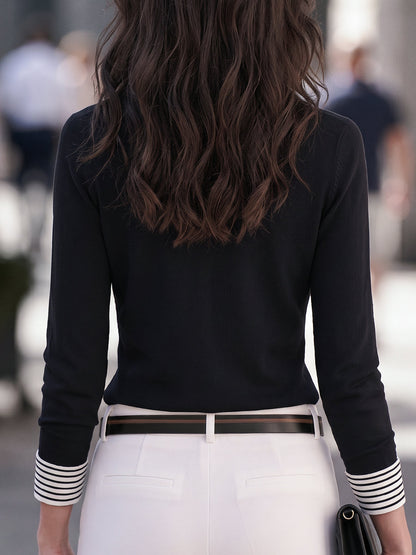 Striped Collar Layered-Look Knit Top Blouse