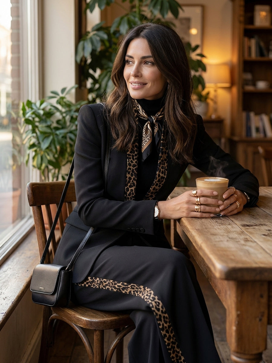 Leopard Trim Tailored Blazer And Wide Leg Pants Set