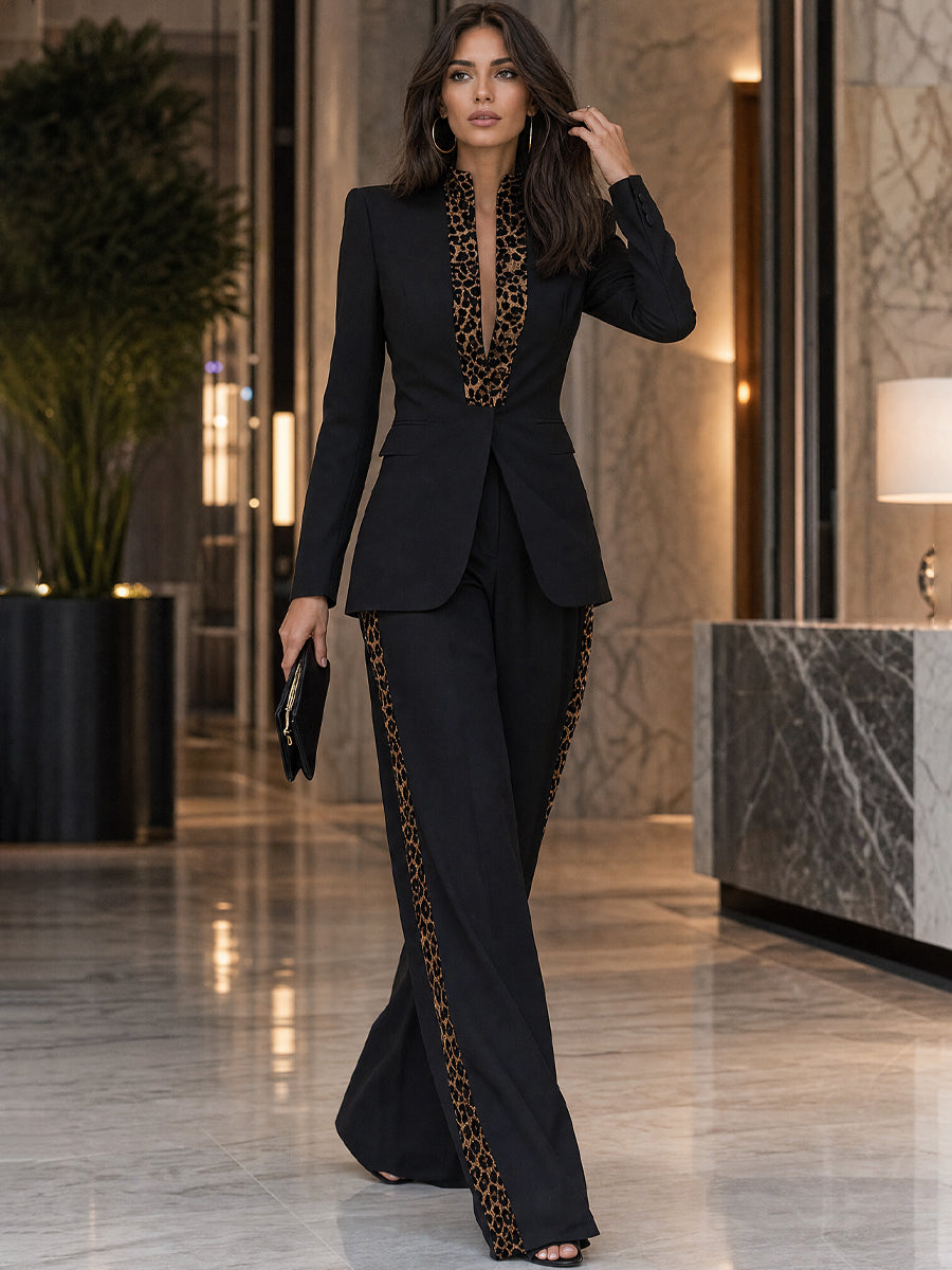 Leopard Trim Tailored Blazer And Wide Leg Pants Set