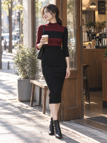 Color-Block Mock-Neck Ribbed Knit Midi Dress