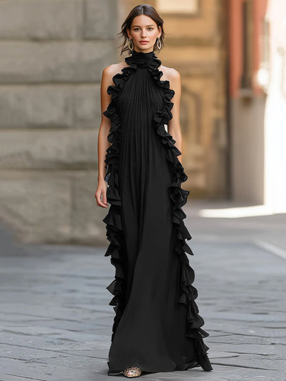 Midnight Elegance Ruffled Halter Pleated Chiffon Maxi Gown