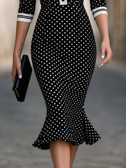 Polka Dot Contrast Collar Mermaid Midi Dress