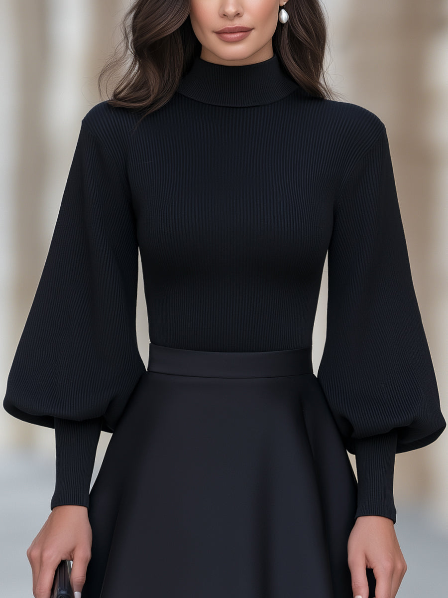 Mock Neckline Ribbed Knit Puff Sleeve Top