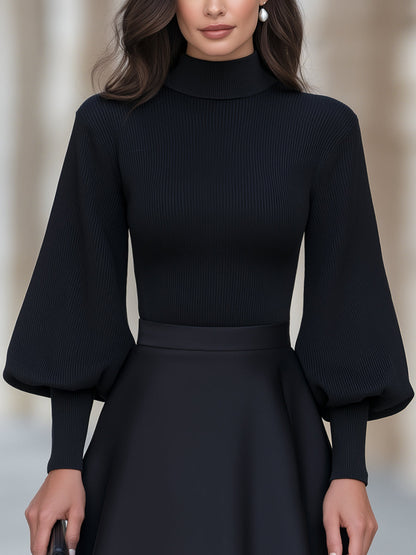 Mock Neckline Ribbed Knit Puff Sleeve Top