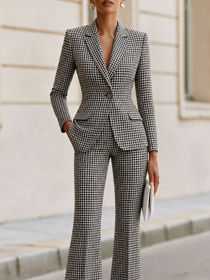 Houndstooth Single‑Button Blazer & Flared Trousers Two‑Piece Suit
