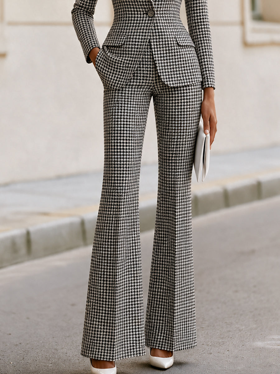 Houndstooth Single‑Button Blazer & Flared Trousers Two‑Piece Suit