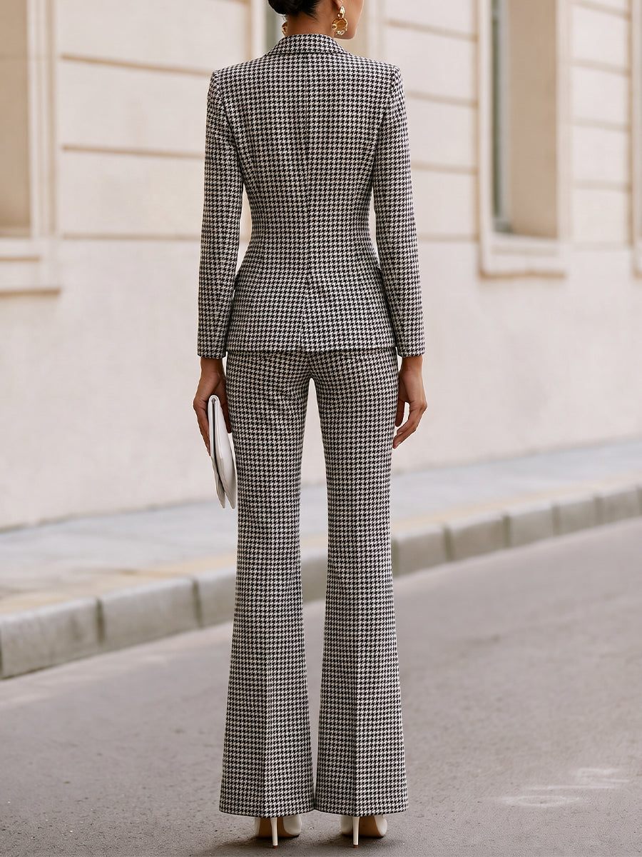 Houndstooth Single‑Button Blazer & Flared Trousers Two‑Piece Suit