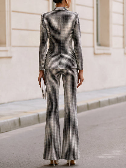 Houndstooth Single‑Button Blazer & Flared Trousers Two‑Piece Suit
