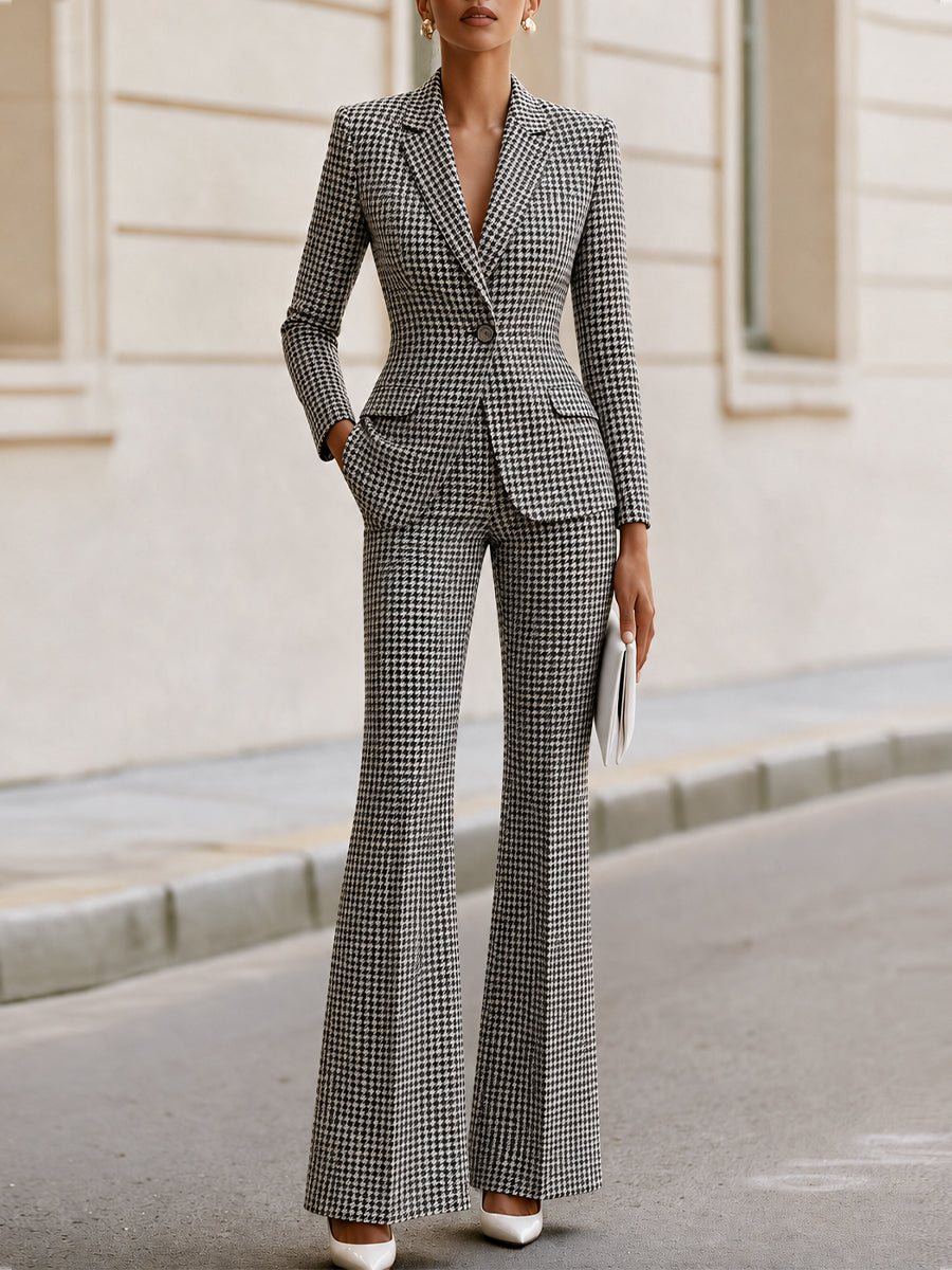 Houndstooth Single‑Button Blazer & Flared Trousers Two‑Piece Suit