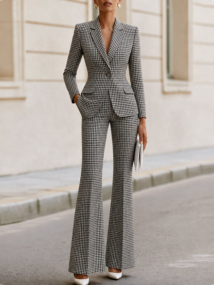 Houndstooth Single‑Button Blazer & Flared Trousers Two‑Piece Suit