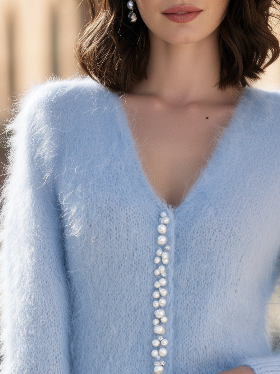 Pearl-Embellished Fuzzy Knit V-Neck Cardigan