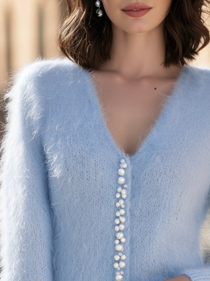 Pearl-Embellished Fuzzy Knit V-Neck Cardigan