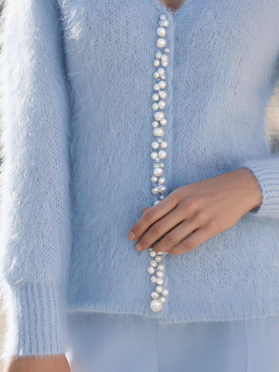 Pearl-Embellished Fuzzy Knit V-Neck Cardigan