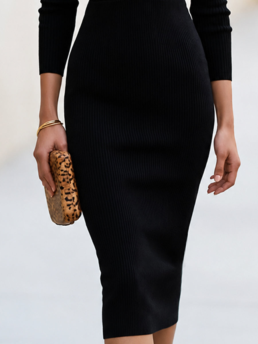 Leopard-Trim Ribbed Knit Midi Dress