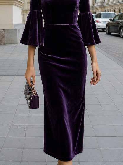 Velvet Bell-Sleeve Slim Midi Dress
