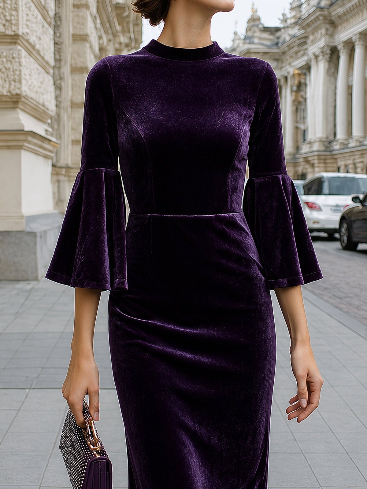 Velvet Bell-Sleeve Slim Midi Dress