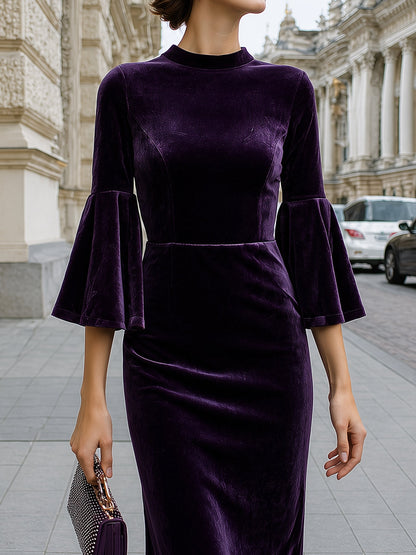 Velvet Bell-Sleeve Slim Midi Dress