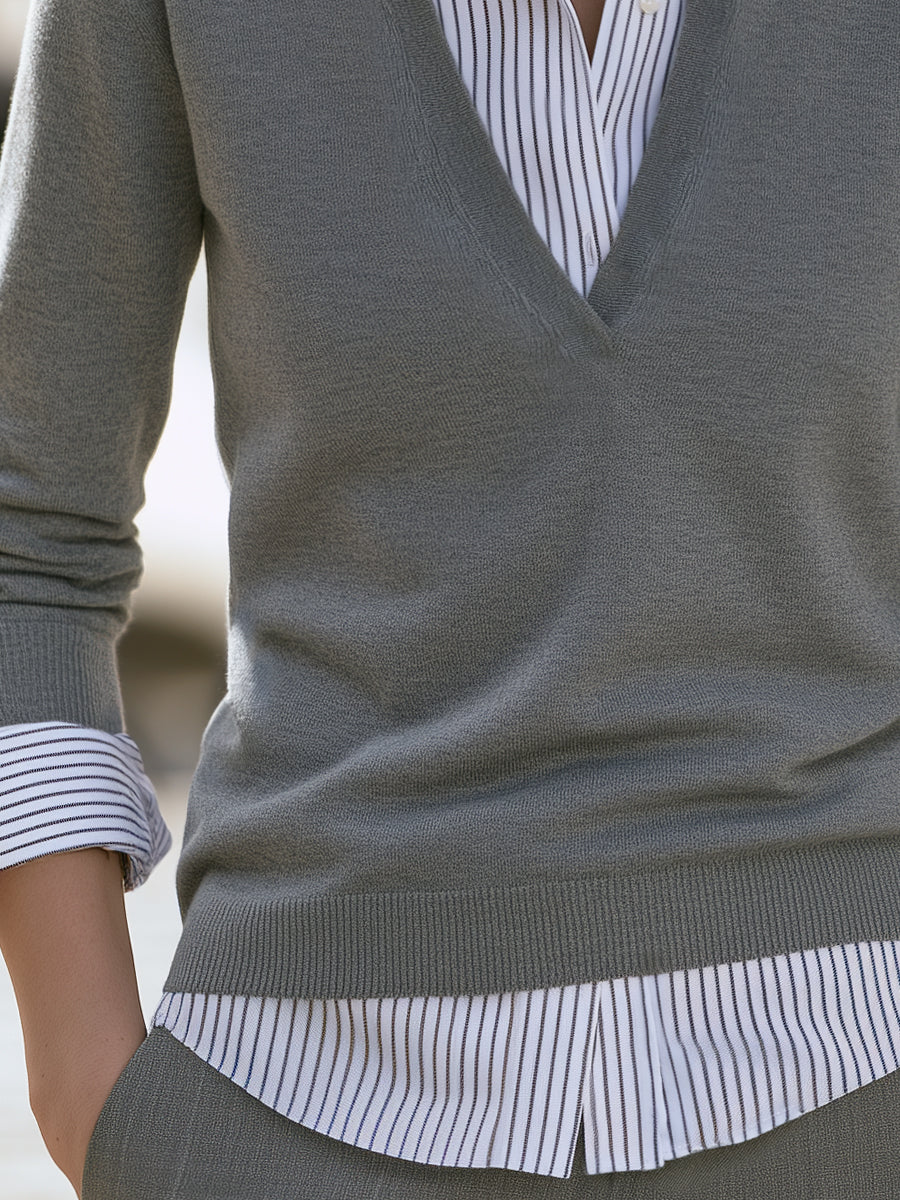 Faux Two-Piece Layered Striped Shirt Knit Top