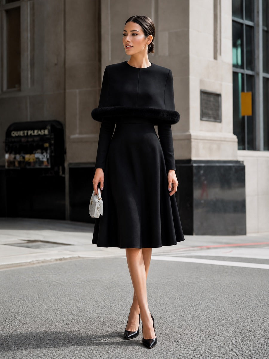Elegant Faux Fur Trim Long Sleeve A-Line Midi Dress