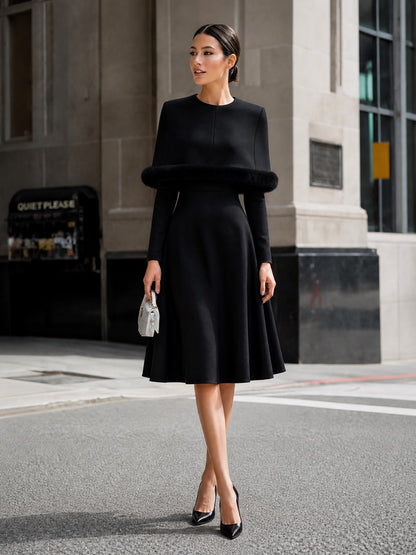Elegant Faux Fur Trim Long Sleeve A-Line Midi Dress