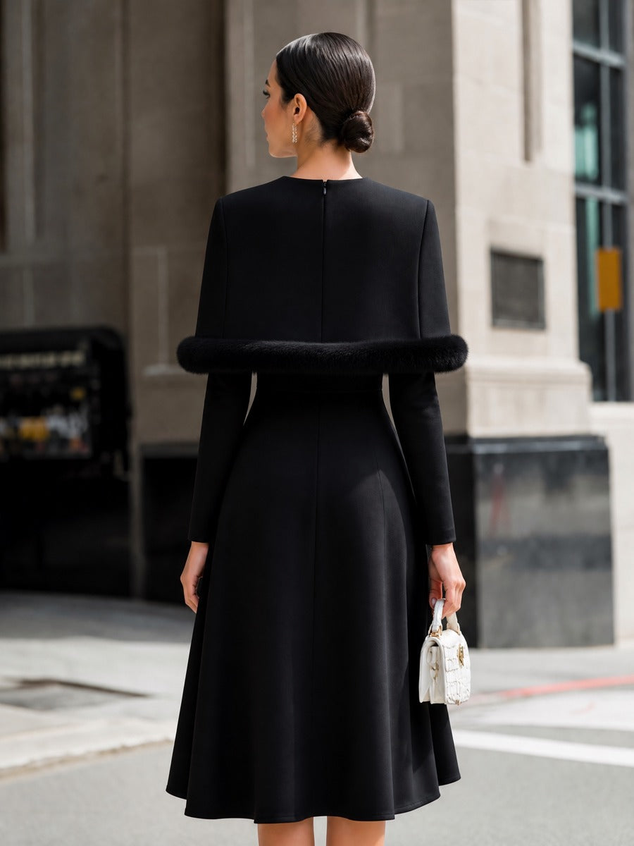 Elegant Faux Fur Trim Long Sleeve A-Line Midi Dress