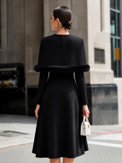Elegant Faux Fur Trim Long Sleeve A-Line Midi Dress