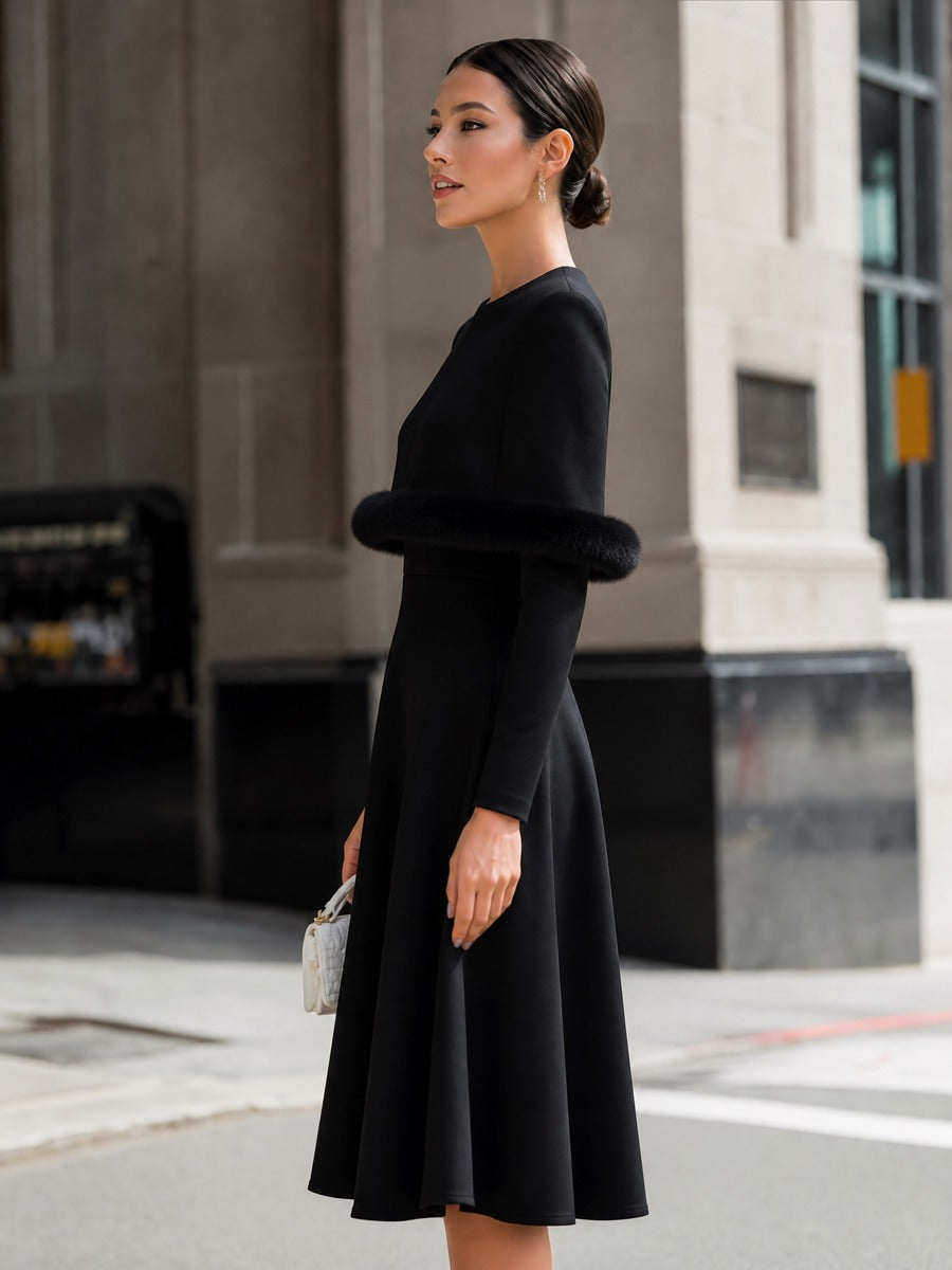 Elegant Faux Fur Trim Long Sleeve A-Line Midi Dress
