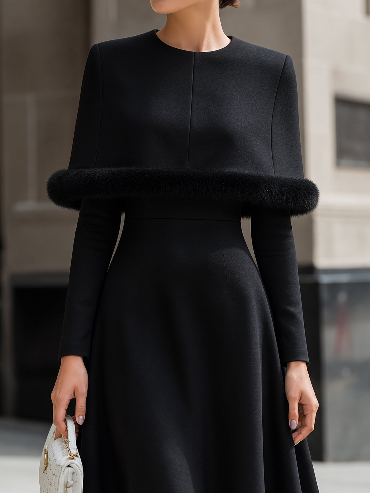Elegant Faux Fur Trim Long Sleeve A-Line Midi Dress