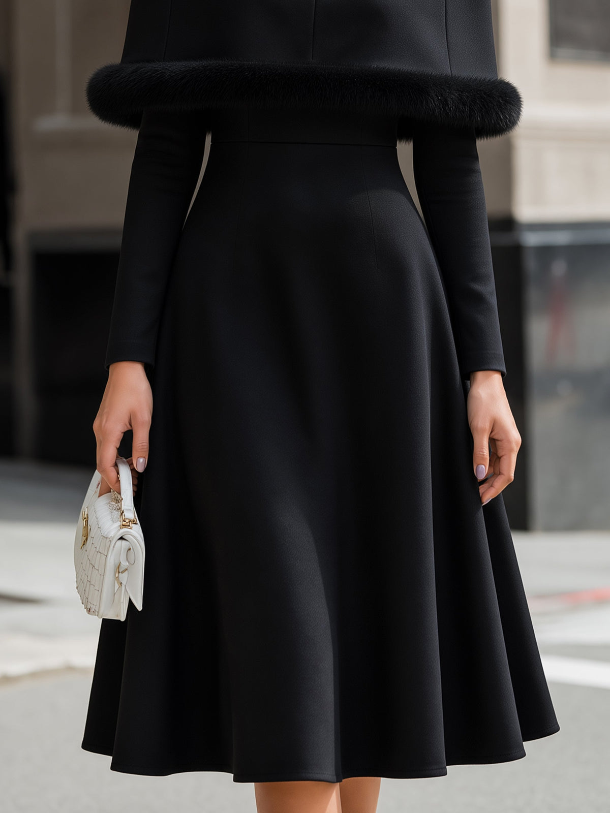 Elegant Faux Fur Trim Long Sleeve A-Line Midi Dress