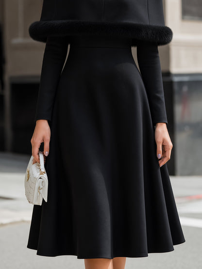 Elegant Faux Fur Trim Long Sleeve A-Line Midi Dress