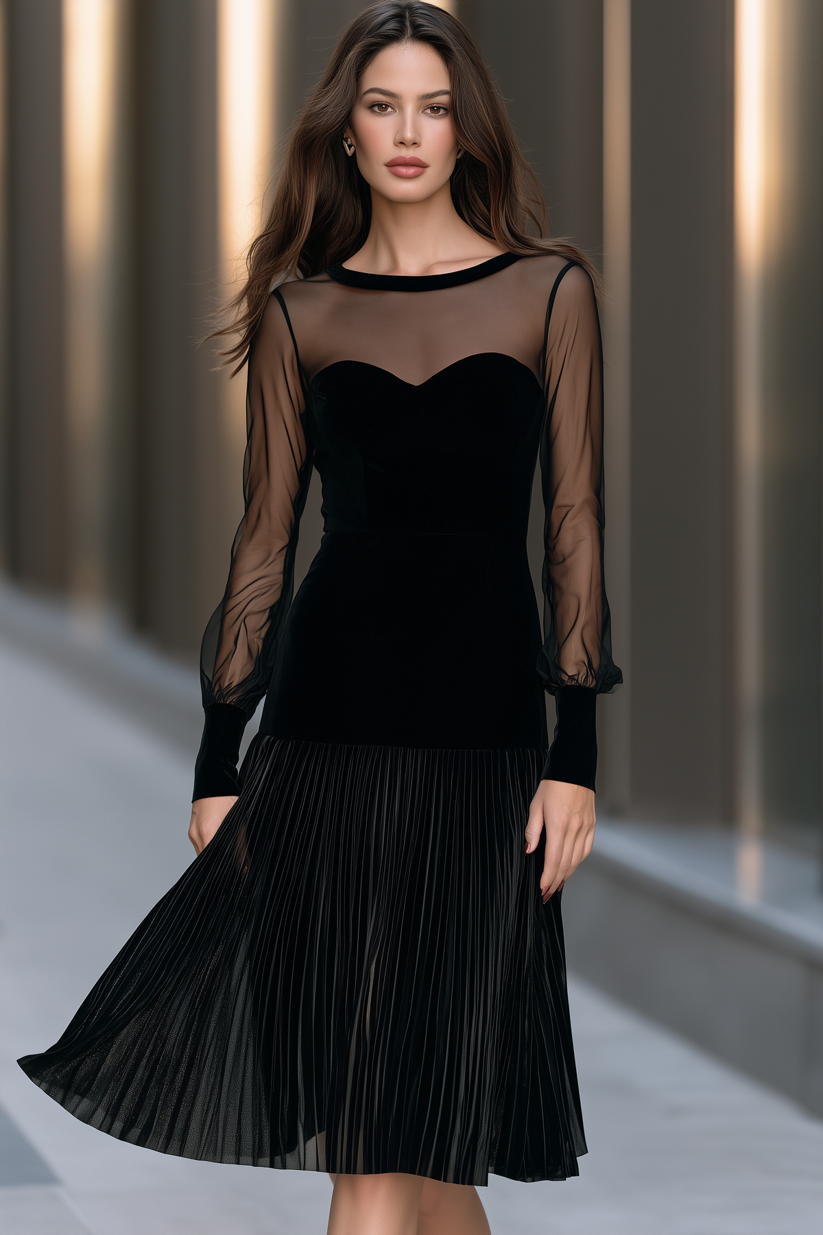 Sheer Sleeve Sweetheart Pleated Midi Dress