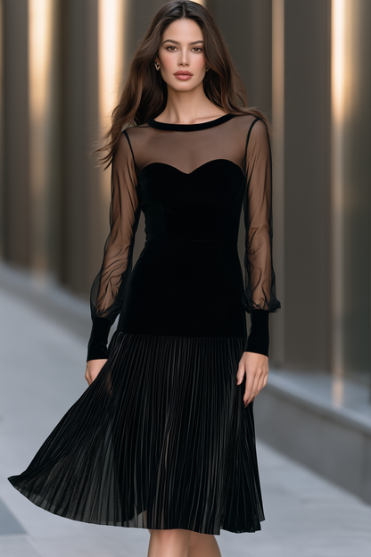 Sheer Sleeve Sweetheart Pleated Midi Dress