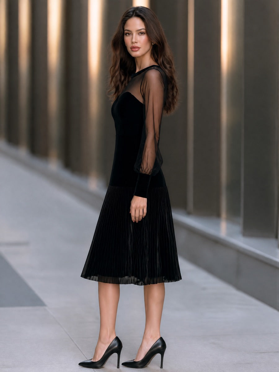 Sheer Sleeve Sweetheart Pleated Midi Dress