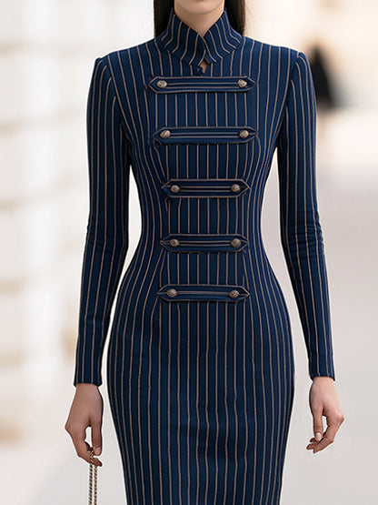 Pinstriped Midi Dress With Napoleonic Military Details