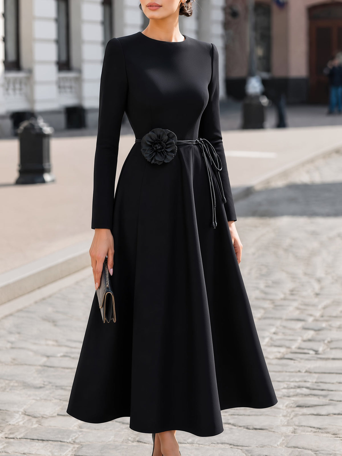 Leather Flower-Belt A-Line Maxi Dress