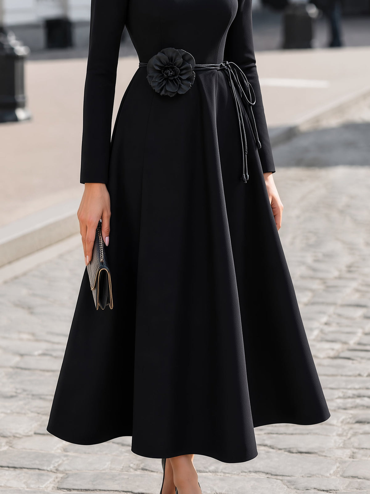 Leather Flower-Belt A-Line Maxi Dress