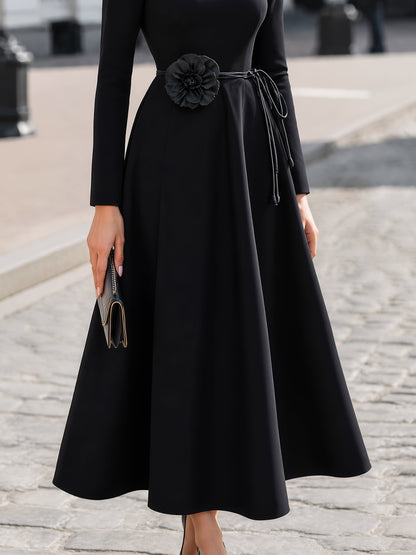 Leather Flower-Belt A-Line Maxi Dress