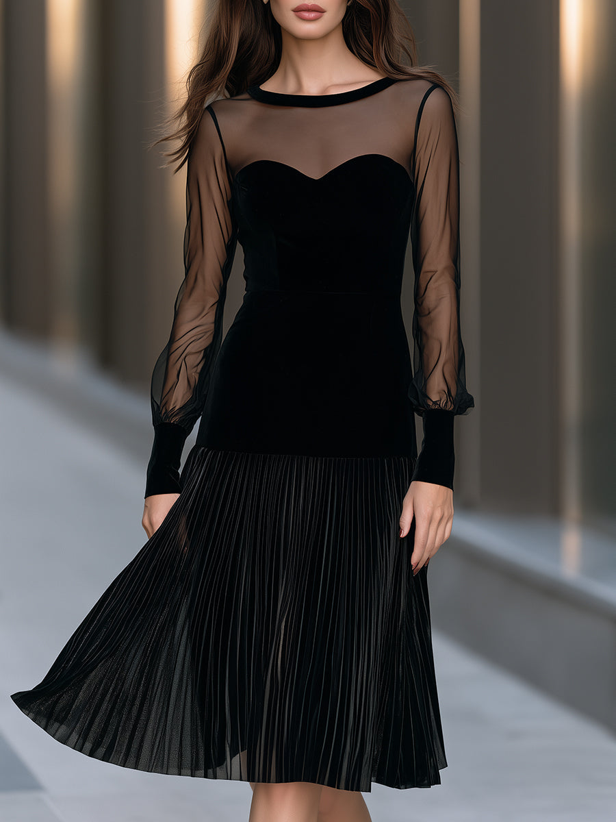Sheer Sleeve Sweetheart Pleated Midi Dress