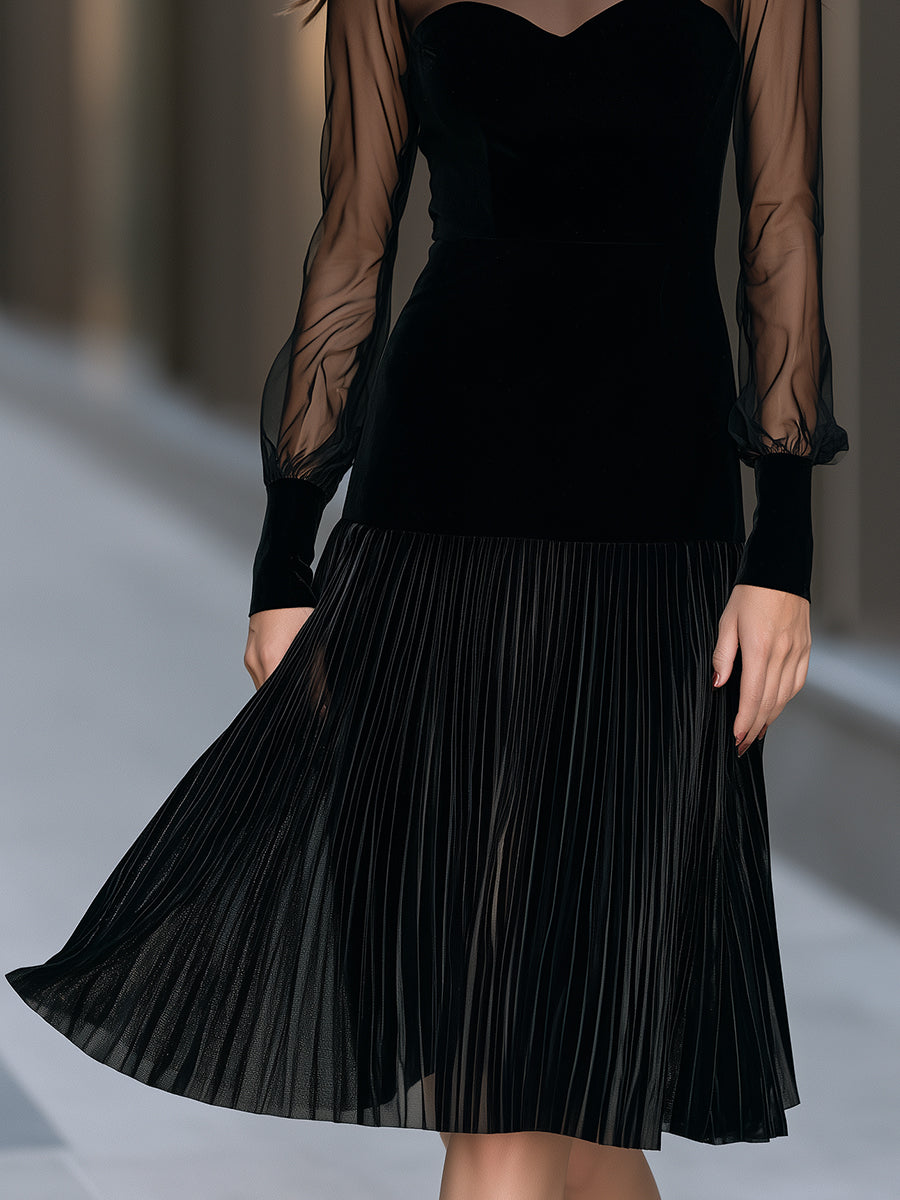 Sheer Sleeve Sweetheart Pleated Midi Dress