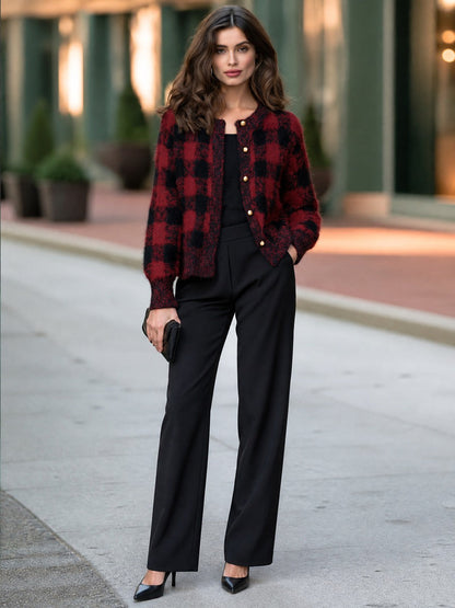 Gold Button Buffalo Plaid Fuzzy Knit Cardigan