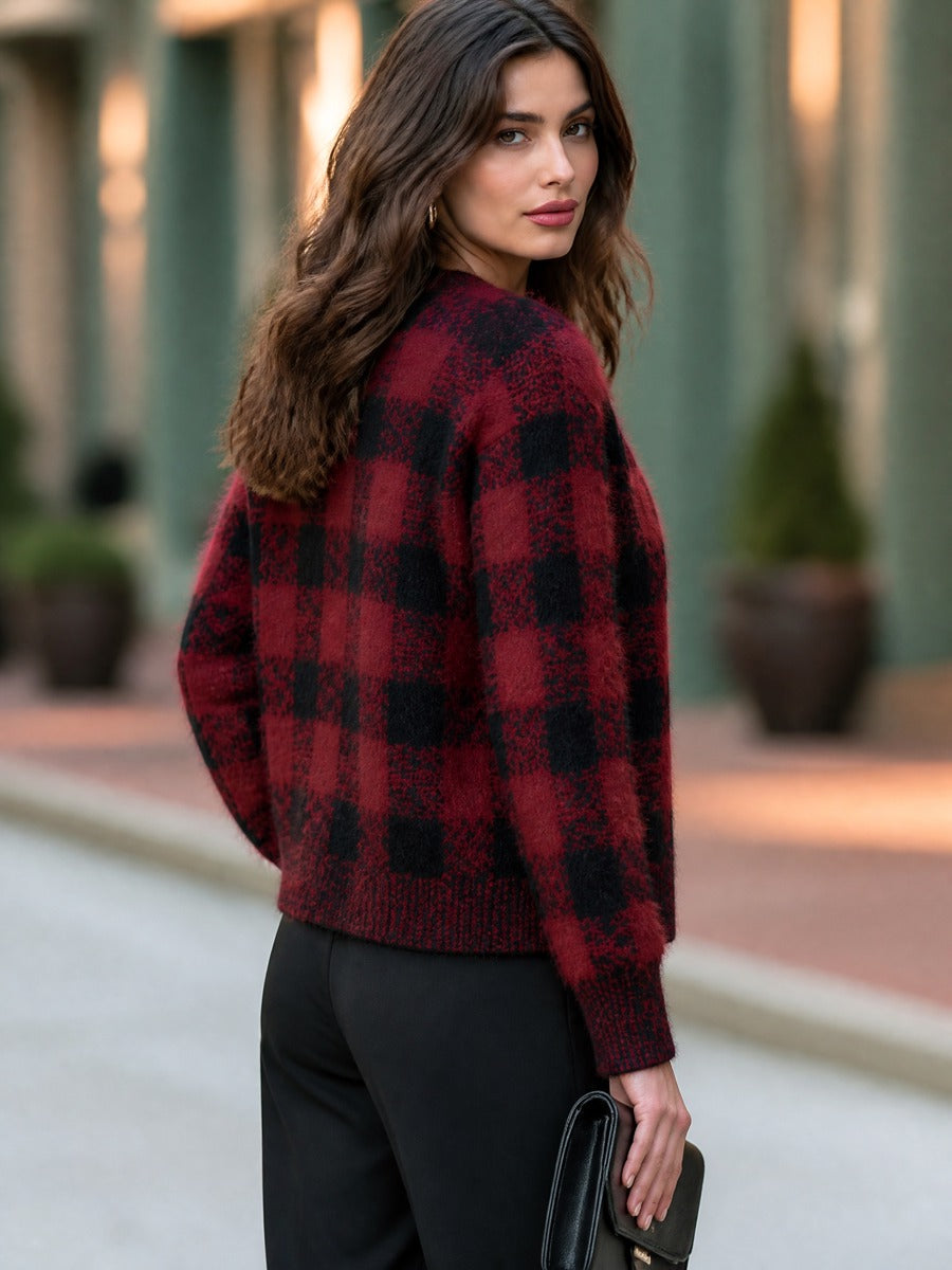 Gold Button Buffalo Plaid Fuzzy Knit Cardigan