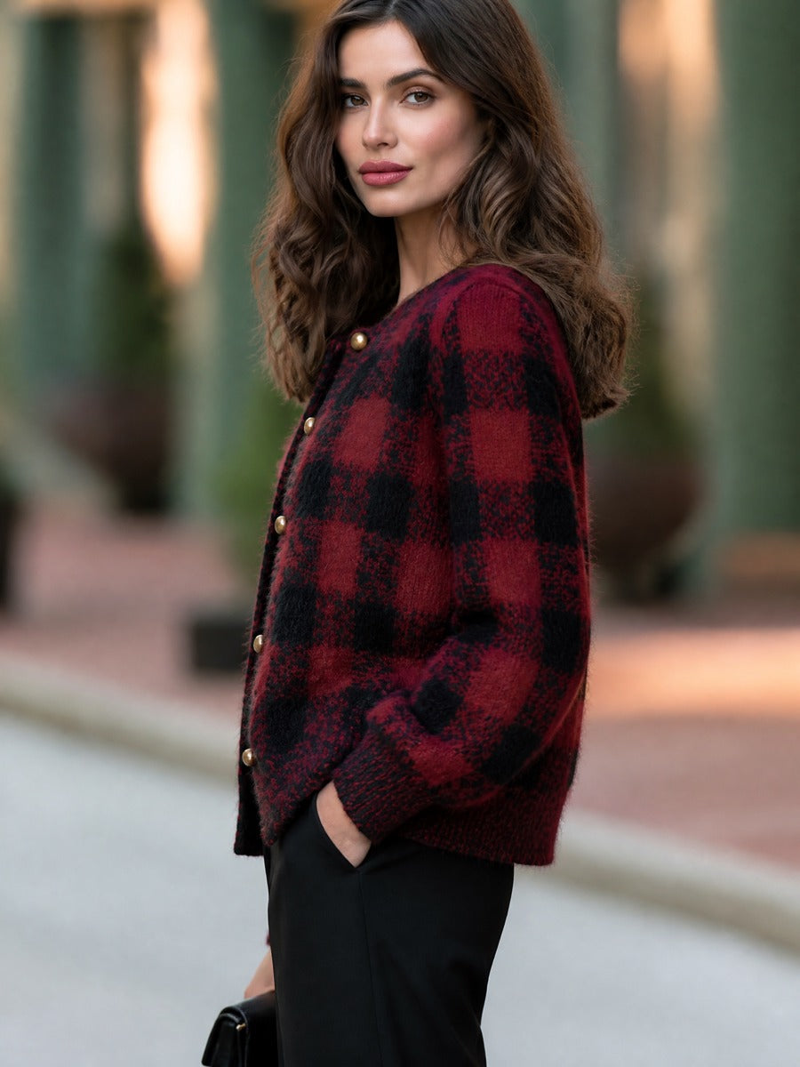 Gold Button Buffalo Plaid Fuzzy Knit Cardigan