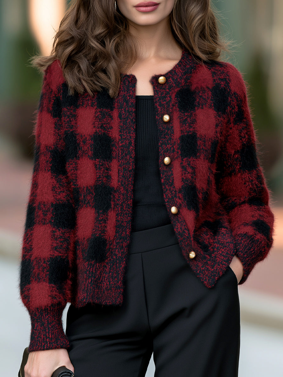 Gold Button Buffalo Plaid Fuzzy Knit Cardigan