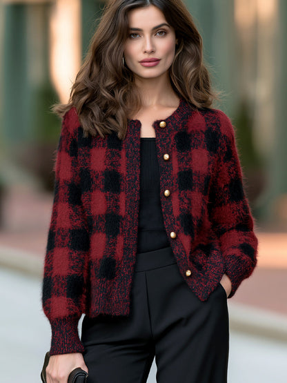 Gold Button Buffalo Plaid Fuzzy Knit Cardigan