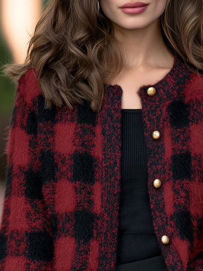 Gold Button Buffalo Plaid Fuzzy Knit Cardigan