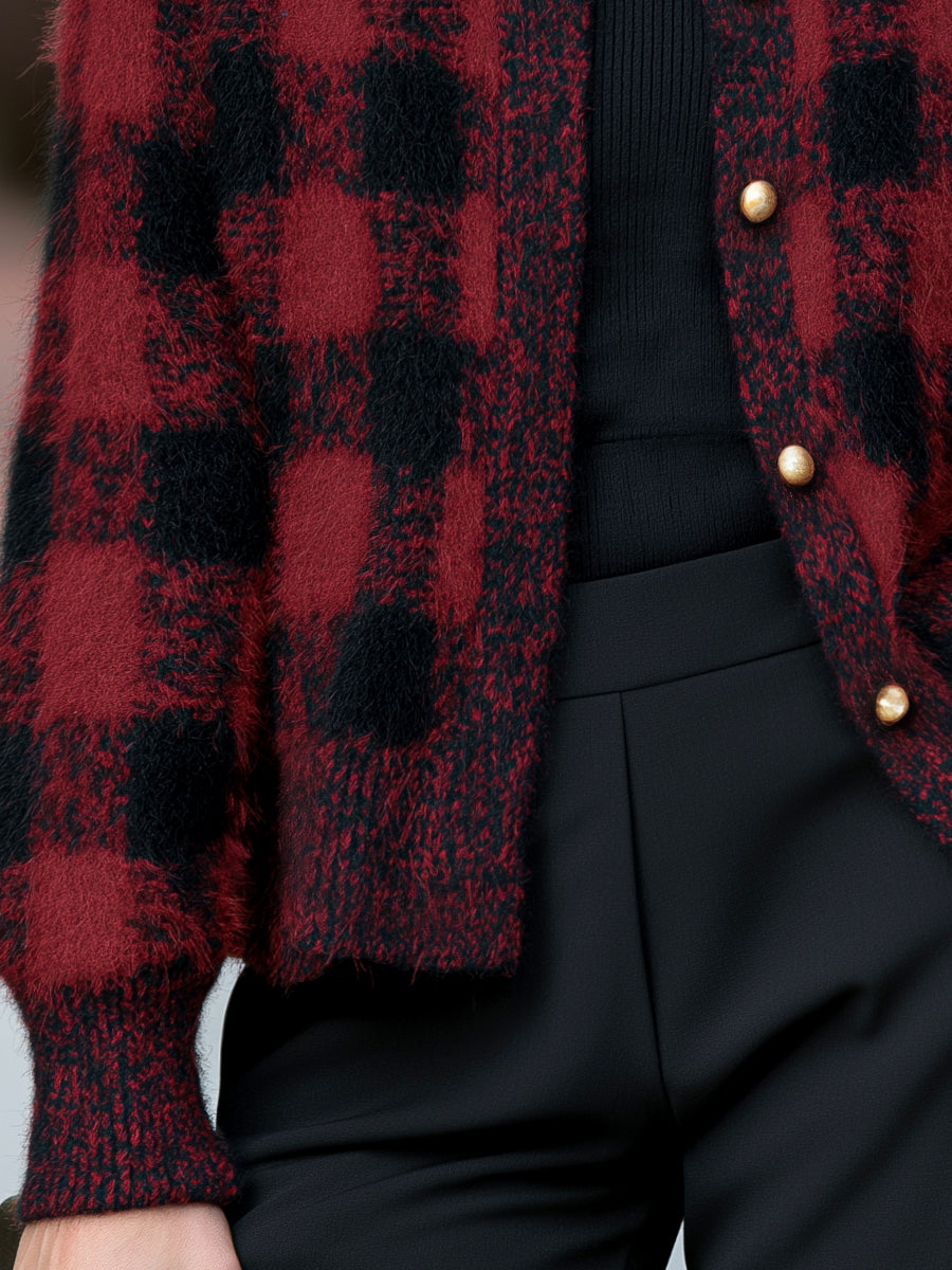 Gold Button Buffalo Plaid Fuzzy Knit Cardigan
