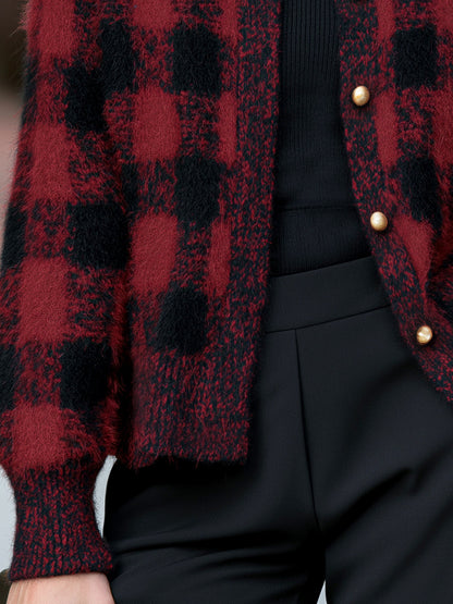 Gold Button Buffalo Plaid Fuzzy Knit Cardigan